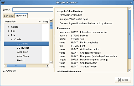 The tree view of the Plug-In Browser dialog window